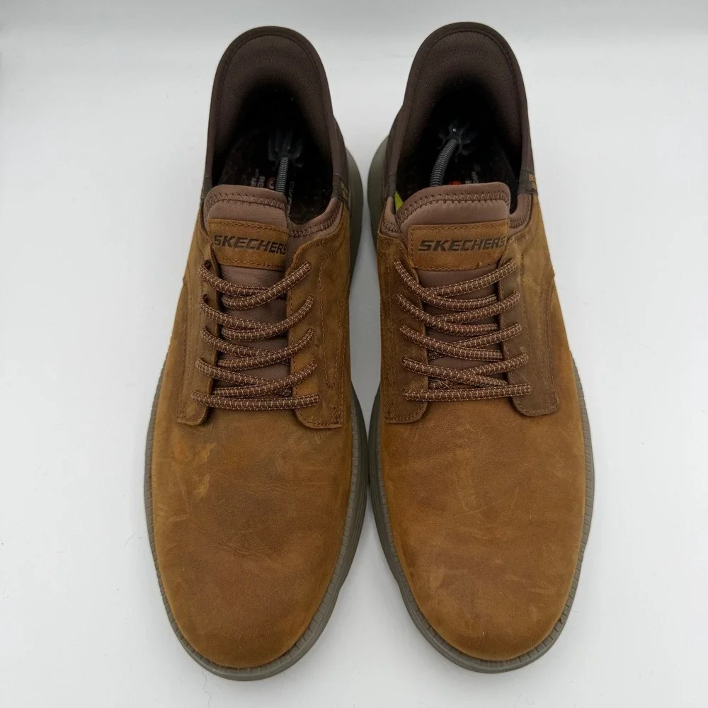 Men's Skechers Garza Gervin Brown Leather Casual Hands Free Slip-Ins Size 14